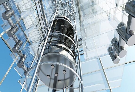 Elevator in a glass building.