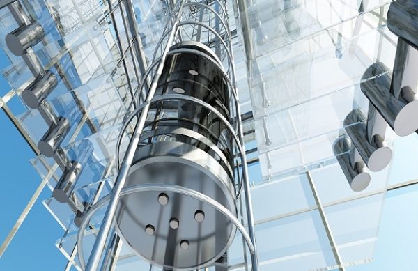 Elevator in a glass building.